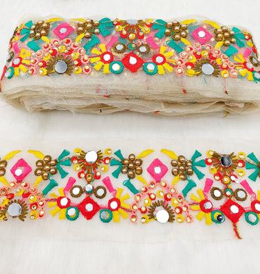 Gold Sheer Tissue Fabric Trim Floral Embroidery, Mirror Trim Sari Border Trim by 9 Yards Decorative Mirrored Border